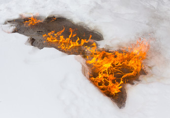 Flame of fire on white snow in winter