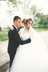 Naklejka premium Happy wedding couple walking in a botanical park