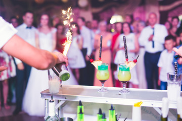 Colorful cocktails on the bar table in restaurant.