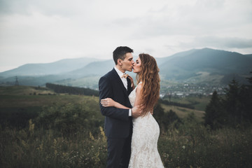 Young newly wed couple, bride and groom kissing, hugging on perfect view of mountains, blue sky