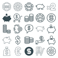 Set of 25 coin outline icons