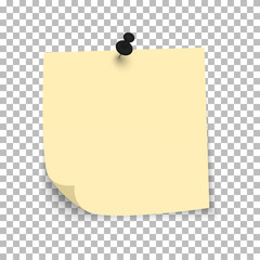 Yellow sheet of note paper with push pin on a transparent background. Vector illustration