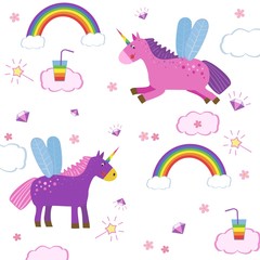 Cute magic with unicorns and rainbows, a child's drawing.