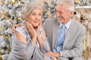 elderly couple  near christmas tree 