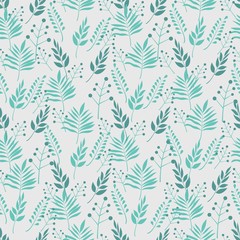 Retro green leaves on branches on a light background seamless pattern