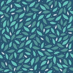 Green leaves are chaotically on a dark background, seamless background, texture, vector illustration