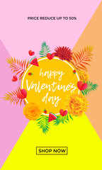 Happy Valentine Day sale banner design template of hearts, yellow flowers and palm leaf or berry pattern on pink background. Vector Valentines fashion shopping season sale discount offer season banner