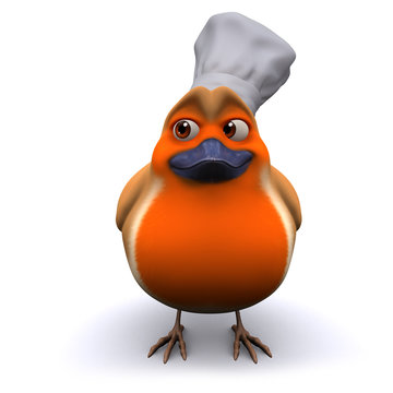 3d Cartoon robin bird wearing a chefs hat