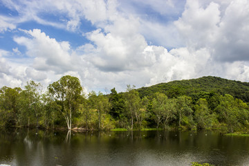 Fototapeta na wymiar View of big mountain and big lake with blue sky and cloudy.
