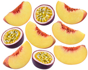 Peach slices and passion fruit set isolated on white background