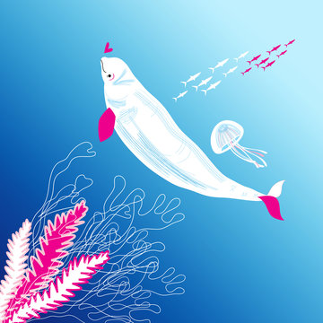 Magnificent illustration of a white enamored whale