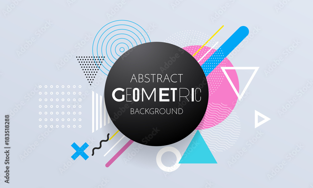 Poster Abstract geometric pattern background of circle, square and triangle elements for modern trendy design template. Vector geometry backdrop or color graphic texture background for poster or banner