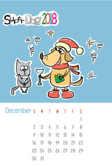 Calendar 2018 with cute funny dog and sad cat