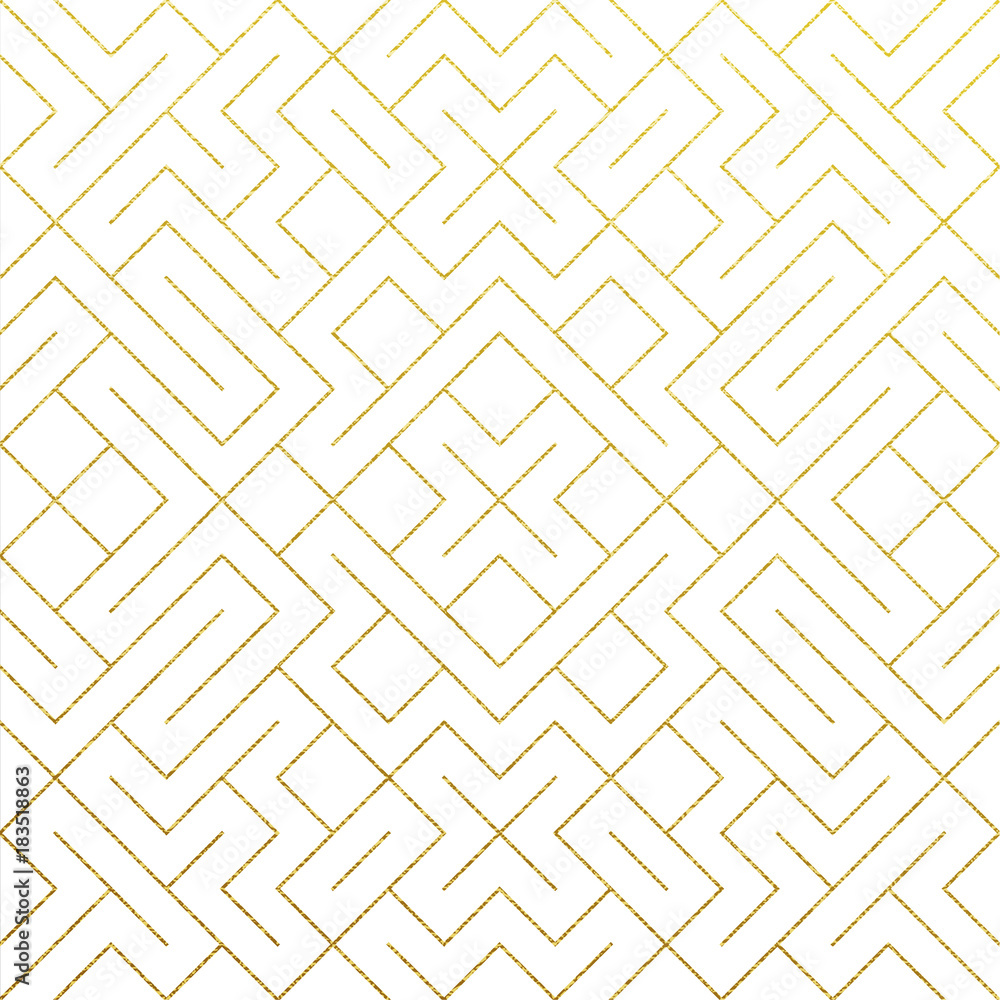 Poster Golden abstract geometric pattern background with gold glitter mesh texture. Vector seamless ornate geometry pattern of rhombus and metal lines for luxury golden ornate white backdrop design template