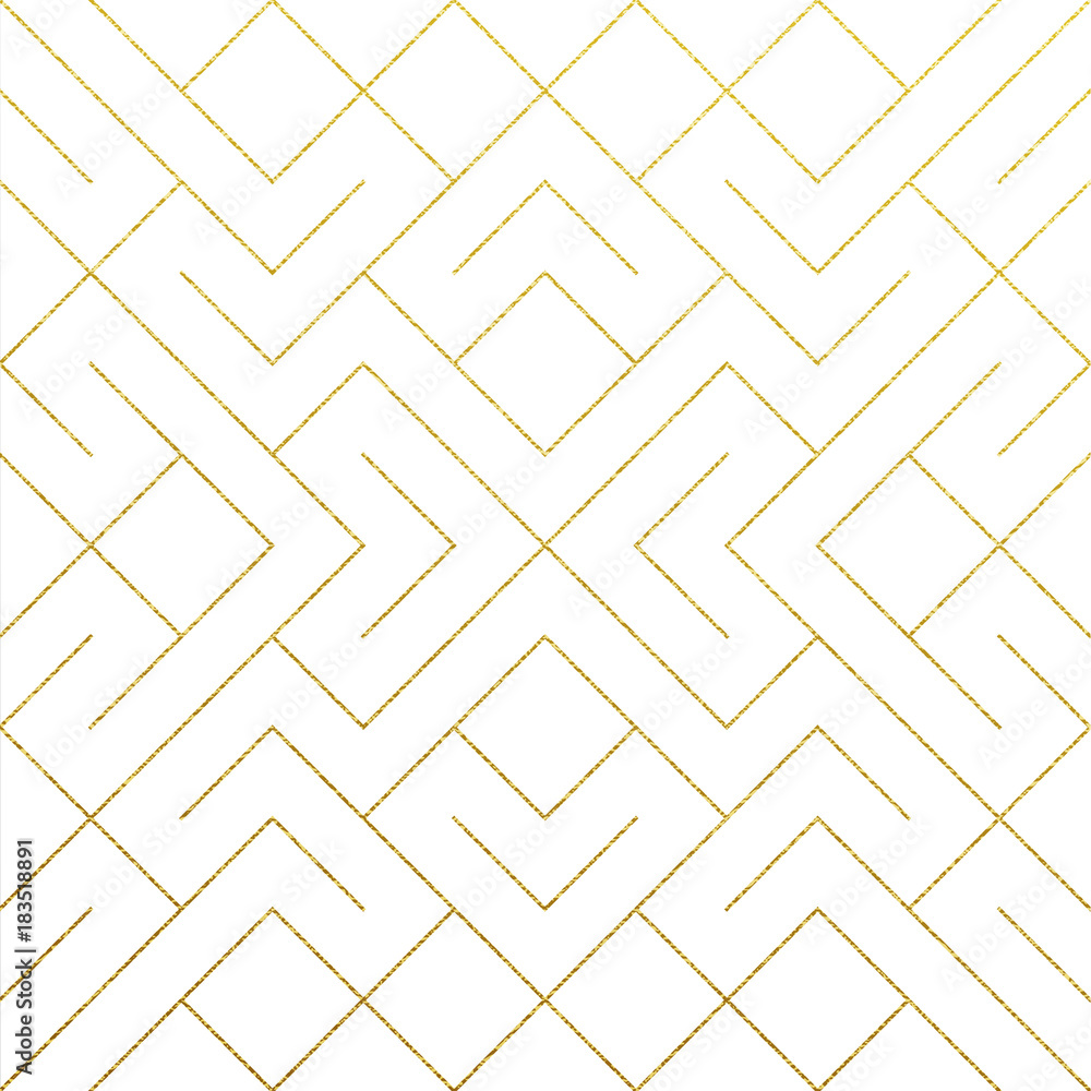 Poster Golden abstract geometric pattern tile background with gold glittering mesh texture. Vector seamless pattern of rhombus and metal line nodes for luxury golden geometry backdrop white design template
