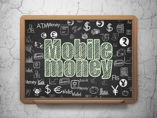 Currency concept: Chalk Green text Mobile Money on School board background with  Hand Drawn Finance Icons, 3D Rendering