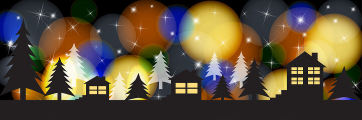 Silhouettes of houses on a bright festive background. Christmas vector panoramic illustration.