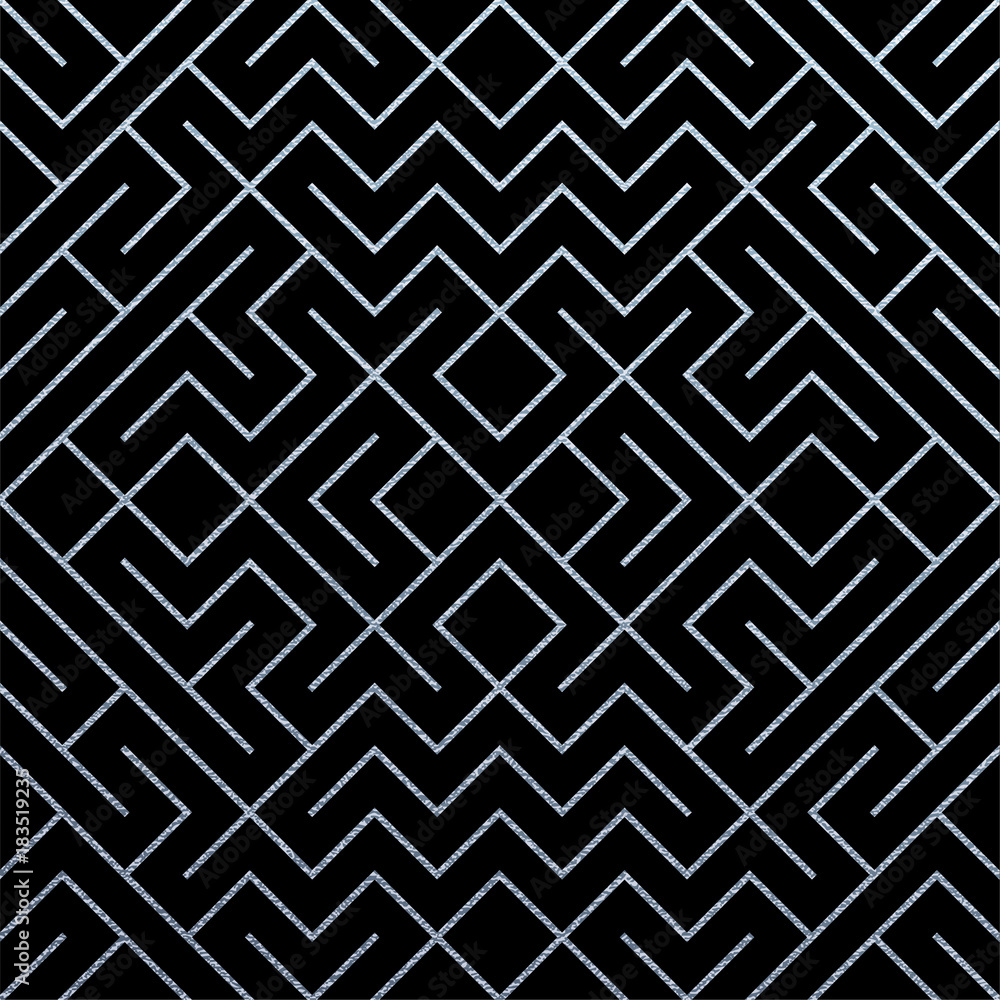 Poster Silver abstract geometric pattern background with glitter mesh texture. Vector seamless ornate geometry pattern of rhombus and metal lines for luxury silver ornate black backdrop design template