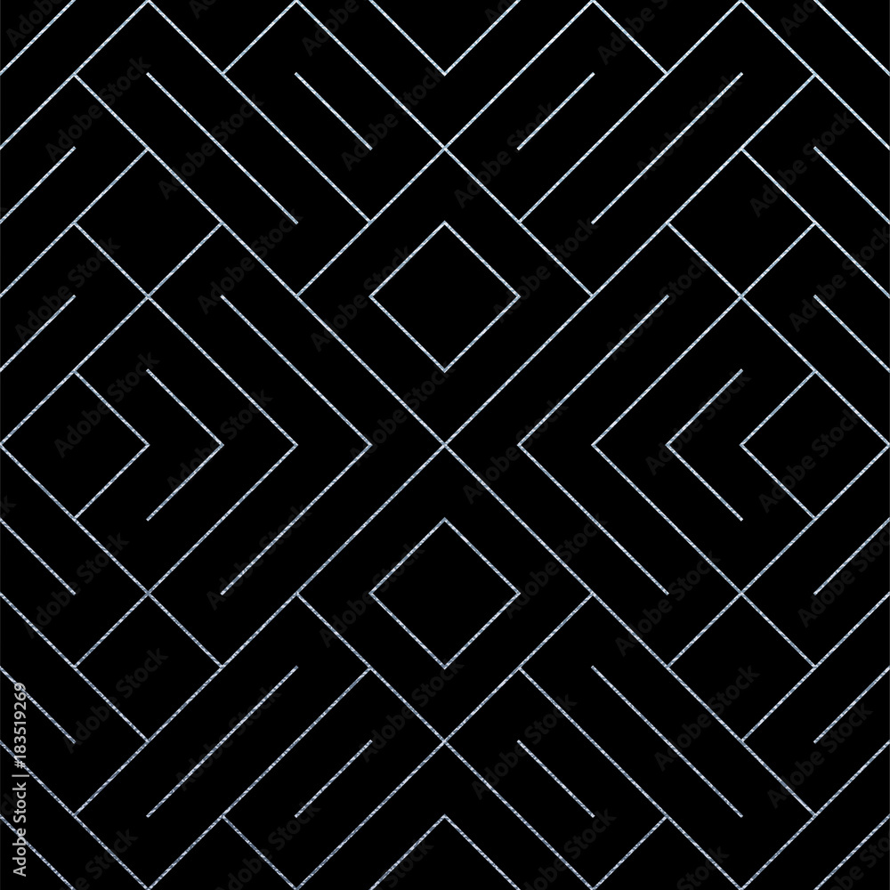 Poster Abstract geometric silver seamless pattern background with glitter lines texture. Vector ornate geometry pattern of rhombus and metal silver lines for luxury ornate black backdrop design template