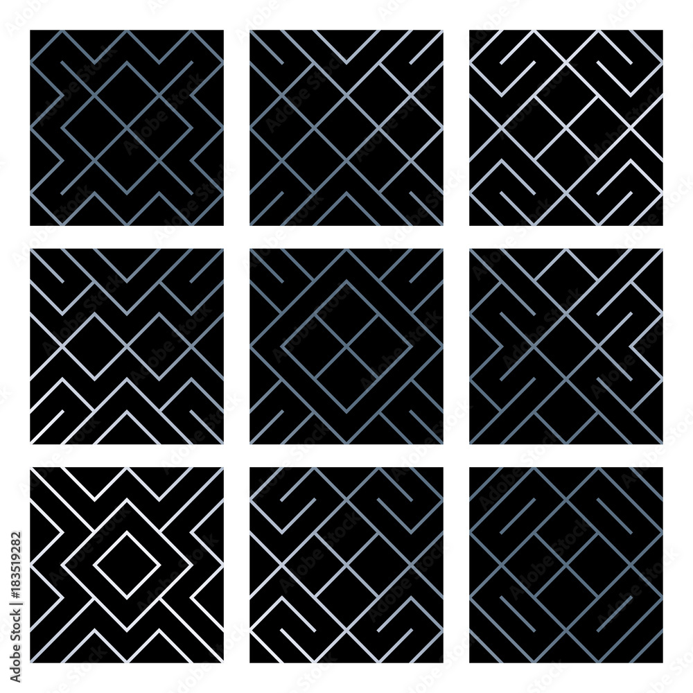 Poster Silver abstract geometric seamless pattern tile backgrounds set with glittering mesh texture. Vector pattern of rhombus and metal line nodes for luxury silver geometry backdrop black design template