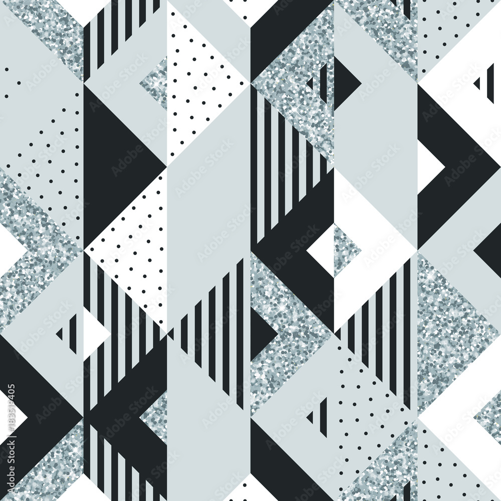 Poster Abstract geometric background of silver glitter square and triangle elements for modern trendy design template. Vector geometry pattern silver texture backdrop on graphic white and balck background