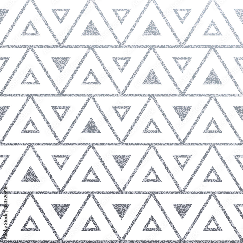 Poster Abstract geometric silver texture trinagle pattern background of glittering ornament and seamless tile for modern design template. Vector geometry backdrop of silver glitter on white background