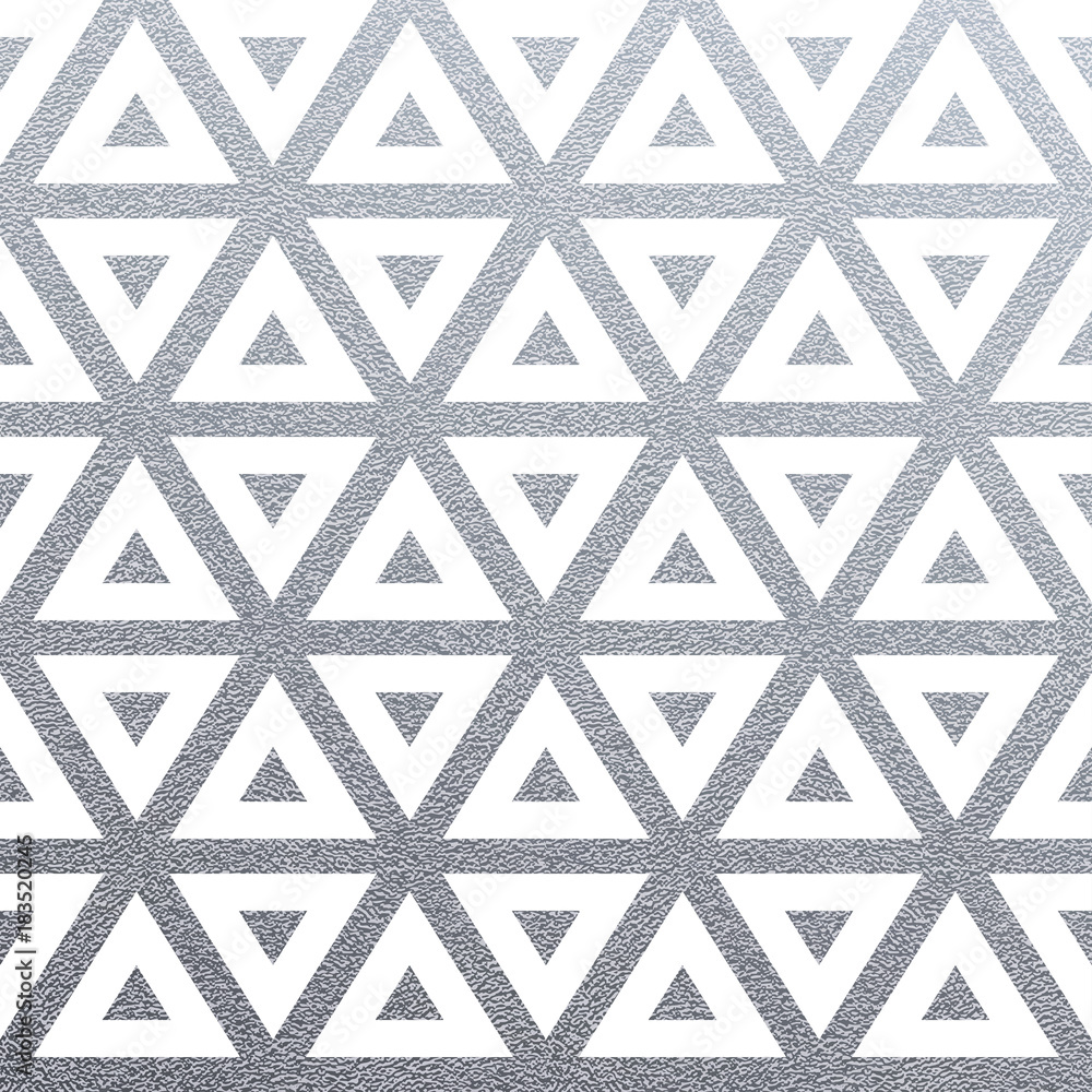 Poster Abstract geometric silver seamless pattern with glitter texture of triangles on white background. Vector silver glittering ornament for seamless tile or modern backdrop fabric swatch design template