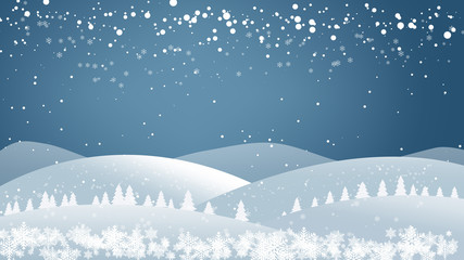 snowy night landscape with pine tree in the mountain hill. Winter background. Vector illustration.