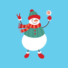 Funny cartoon snowman, Vector illustration with snowman in top hat