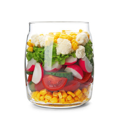 Delicious vegetable salad in jar on white background