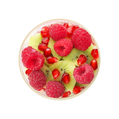 Delicious fruit salad in jar on white background