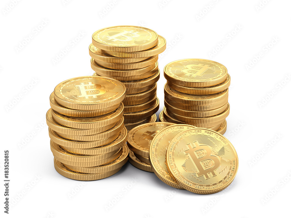 Poster stacks of bitcoins isolated on white. mining cryptocurrency concept. 3d rendering