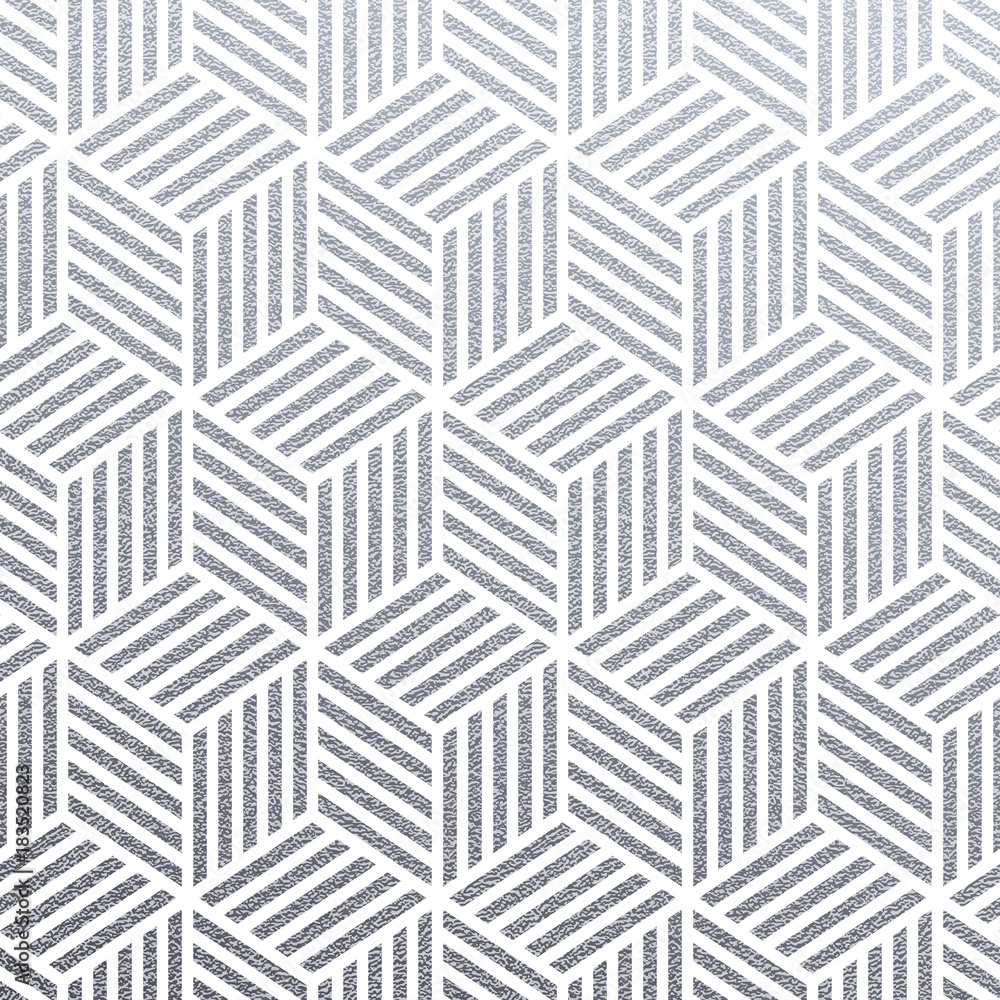 Poster Geometric silver 3D cubes seamless pattern with glitter texture of abstract line mesh on white background. Vector silver glittering ornament for seamless tile or modern backdrop swatch design template