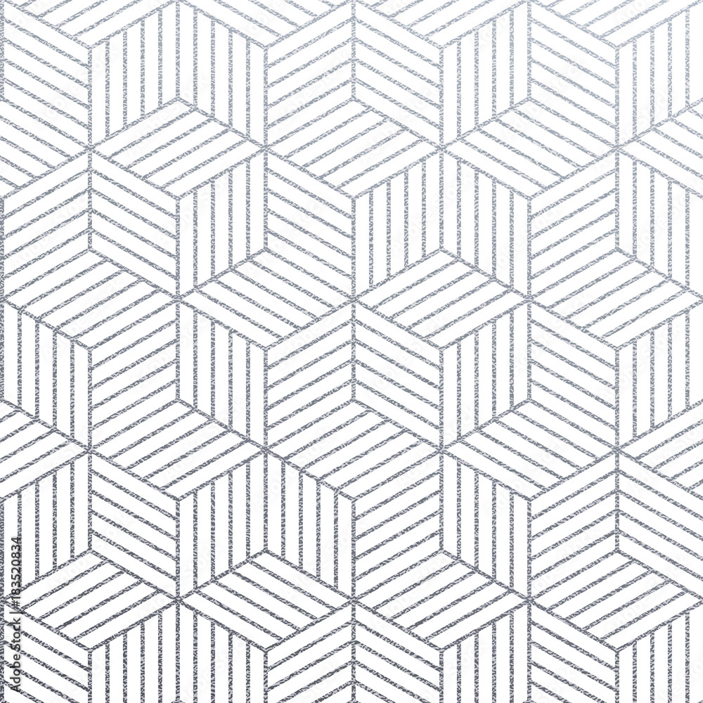 Aufkleber Geometric silver 3D cubes seamless pattern with glitter texture of abstract line mesh on white background. Vector silver glittering ornament for woven textile tile or modern backdrop swatch design