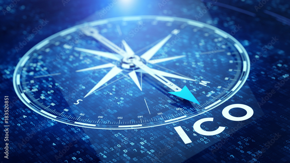 Poster ico initial coin offering concept. compass needle pointing ico word. 3d rendering