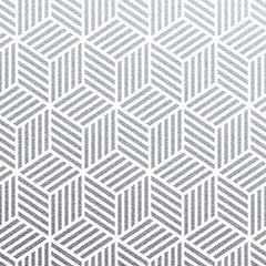 Geometric silver 3D cubes seamless pattern with glitter texture of abstract line mesh on white background. Vector silver glittering ornament for seamless tile or modern backdrop swatch design template