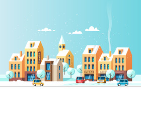 Winter urban landscape. Vector illustration.