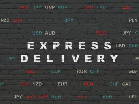 Finance concept: Painted white text Express Delivery on Black Brick wall background with Currency