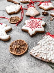 Christmas table. Becoration for Christmas and New Year. Homemade cookies with icing. Ginger cookies