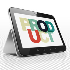 Marketing concept: Tablet Computer with Painted multicolor text Product on display, 3D rendering