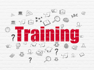 Education concept: Painted red text Training on White Brick wall background with  Hand Drawn Education Icons