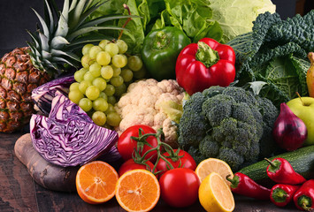 Composition with variety of raw organic vegetables and fruits