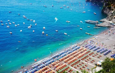 Photo sur Plexiglas Plage de Positano, côte amalfitaine, Italie beach of Positano from above - famous old italian resort, Italy, retro toned