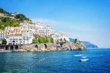 Amalfi town and Tyrrhenian sea waters at summer, Italy, retro toned