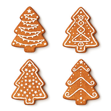 Set of gingerbread christmas tree cookies with ornaments