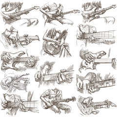 Obraz premium An hand drawn collection, full sized pack - GUITAR SOLO, hand drawings on white, isolated.