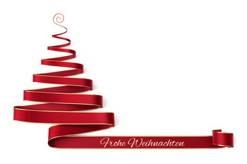 Christmas tree made of red ribbon with gold boarder and curl on top - Frohe Weihnachten