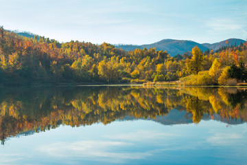     View of Mrzla vodica lake and Risnjak mountain, autumn landscape, Gorski kotar, Croatia 