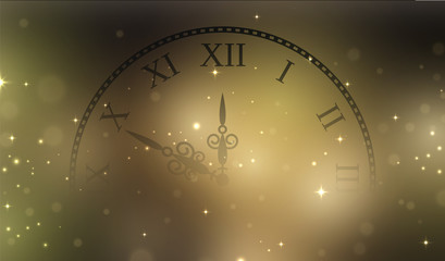 Obraz na płótnie Canvas New Year 2018 gold glitter stardust background with clock. Vector illustration.