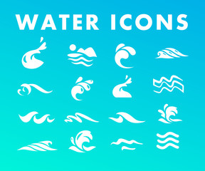 Vector collection of flat water wave icons isolated on blue background. Water logo, emblem design. Blue water splashes symbol, ocean, different sea waves rolling sign.